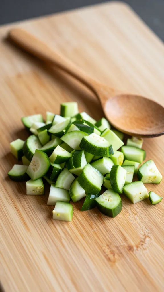 closeup of a lone cutting board with chopped vegetables and a wooden spoon