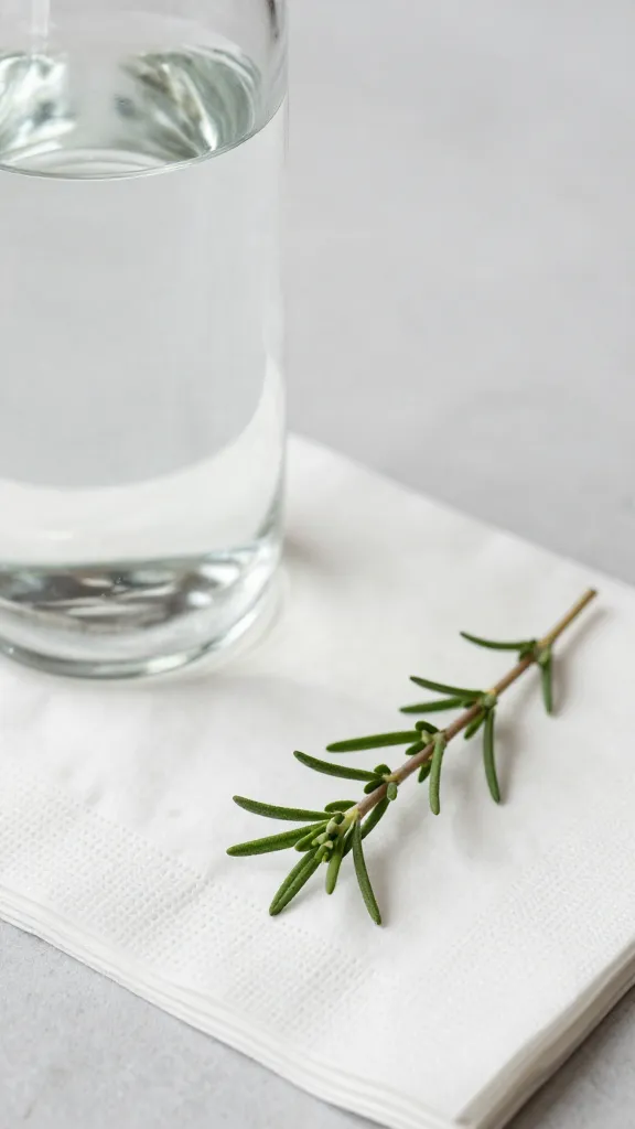 closeup of a glass water bottle beside a single napkin and a sprig of herbs