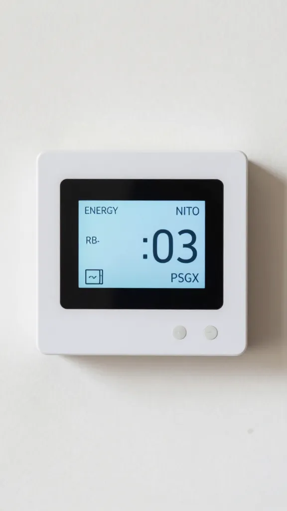 Closeup of a single energy-saving smart thermostat display on wall
